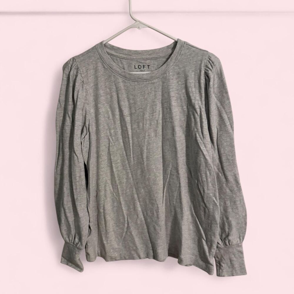 LOFT Shirt Women L Gray Puff Sleeve Long Sleeve Blouse Top